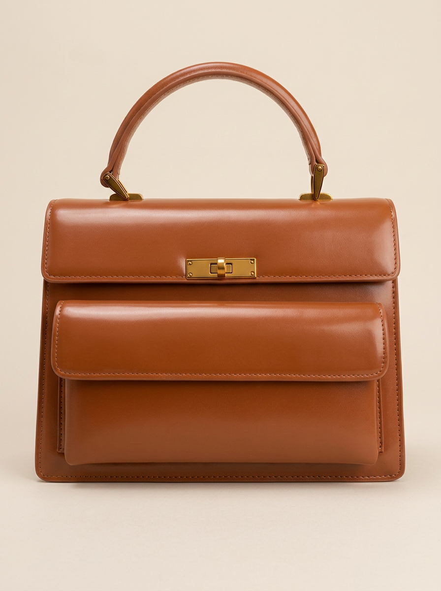 Sac à main cuir cognac à poignée et fermoir doré — accessoire Emydia Élégance