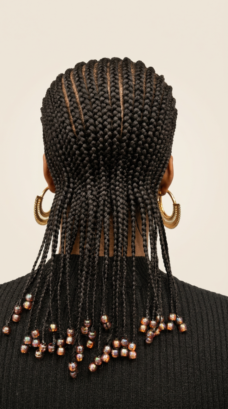 Nattes collées cheveux naturels avec perles — vue arrière