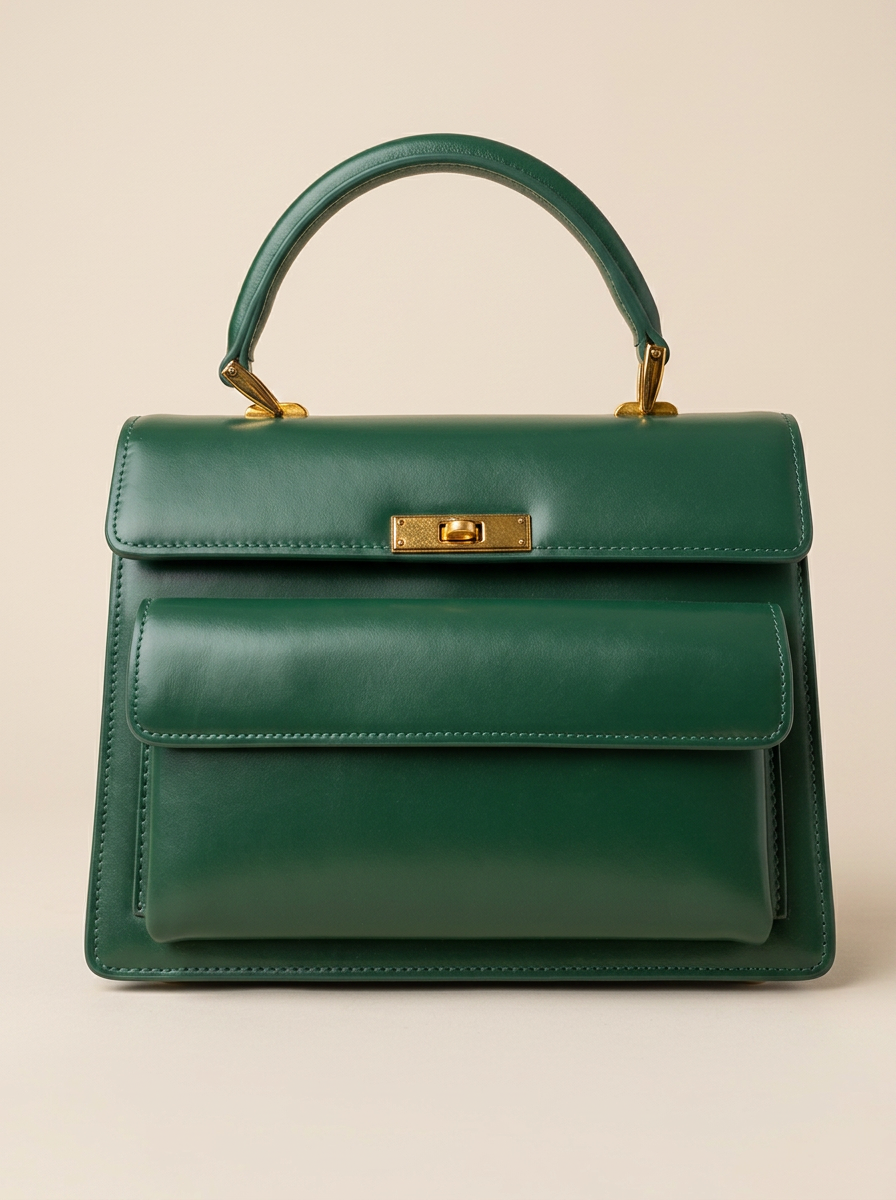 Sac à main cuir vert à poignée et fermoir doré — accessoire Emydia Élégance