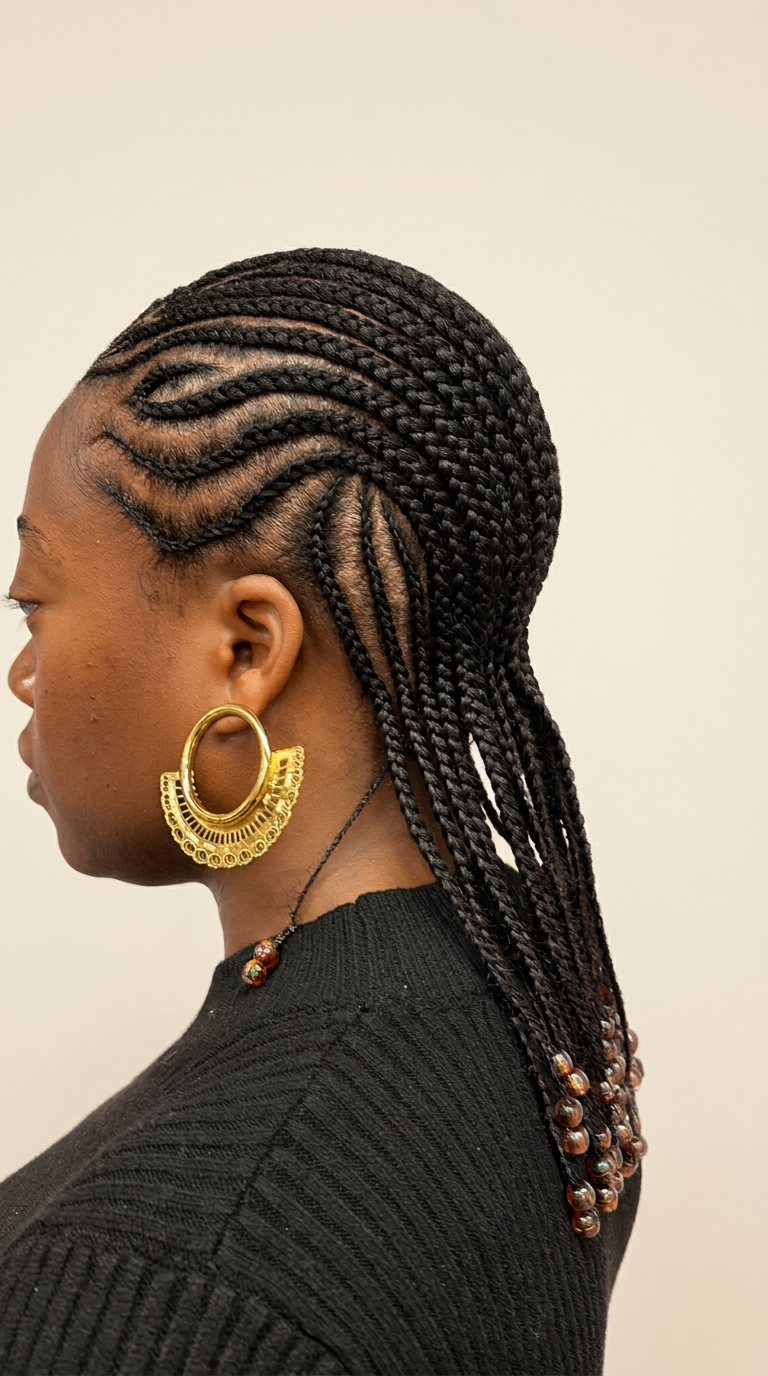 Nattes collées avec boucles d'oreilles dorées — profil